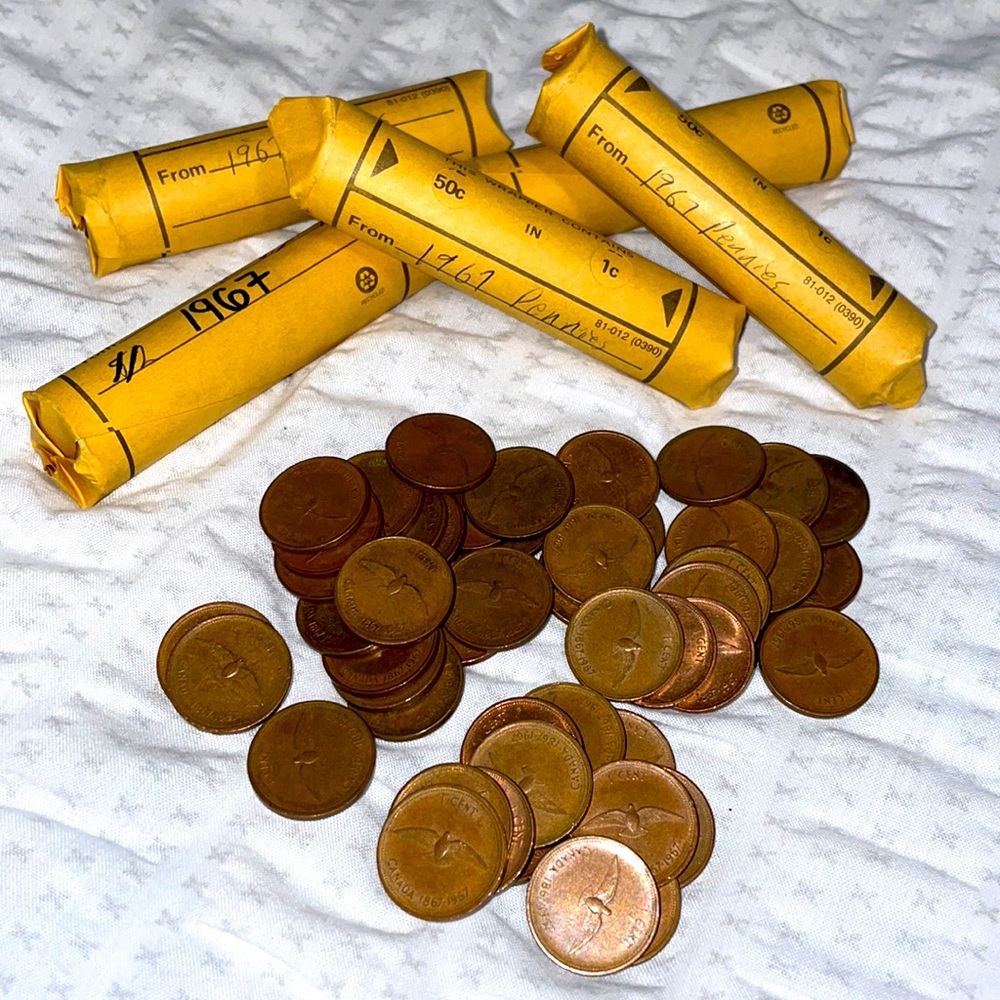 6 Rolls of 1967 Canada Centennial Pennies - Circulated